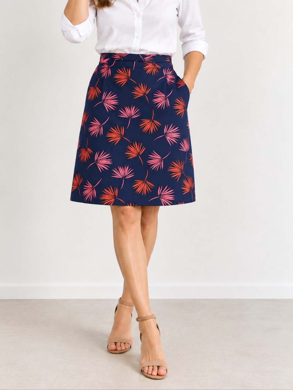 Boden Navy Pink Palm Print 100% Cotton A-Line Skirt Pockets 10P Petite